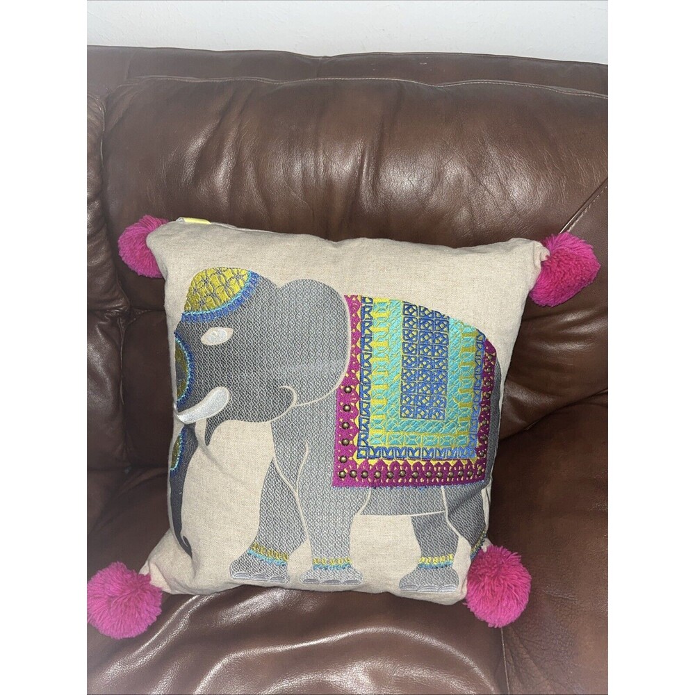 Trina Turk Elephant Embroidered Pom Pillow Square 20X20 Linen/ Cotton India